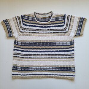 Vintage 90s Orvis Cotton Sweater M Striped Blue Tan Short Sleeve Neutral